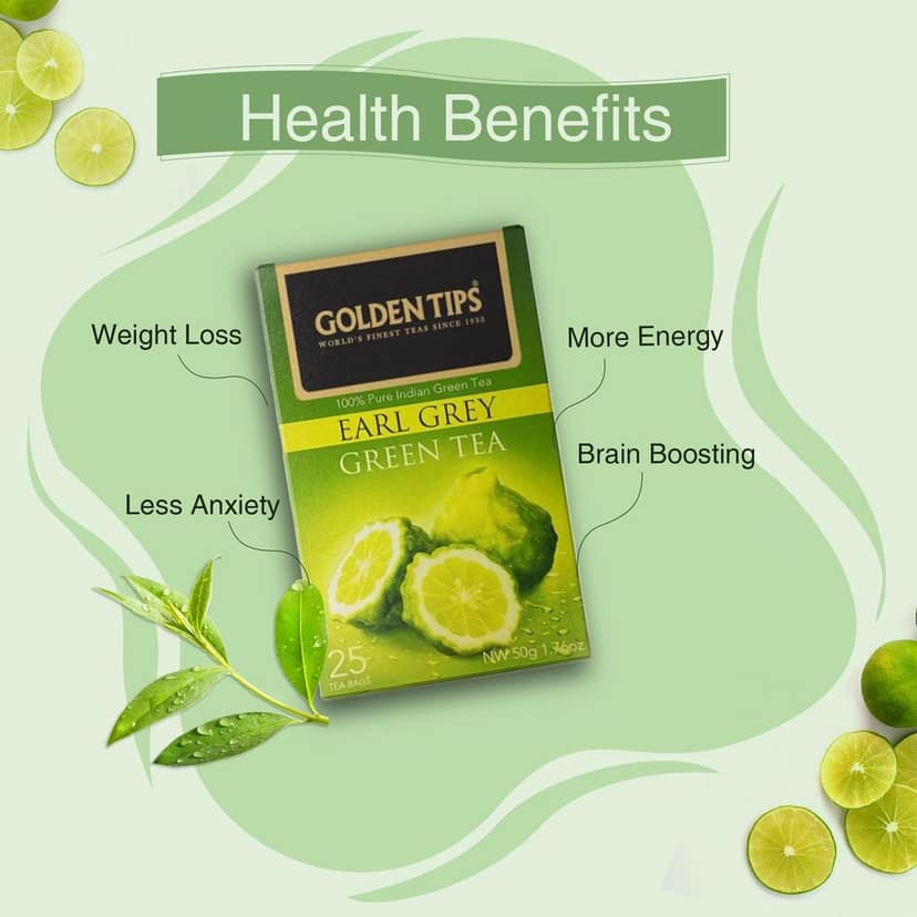 Golden Tips 100% Pure Indian Earl Grey Bergamot Flavoured Green Tea Bags Box (50gm- 25 Tea bags) view 3