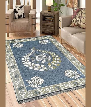 RADECOR Blue Chenille Carpet Floral 5x7 Ft
