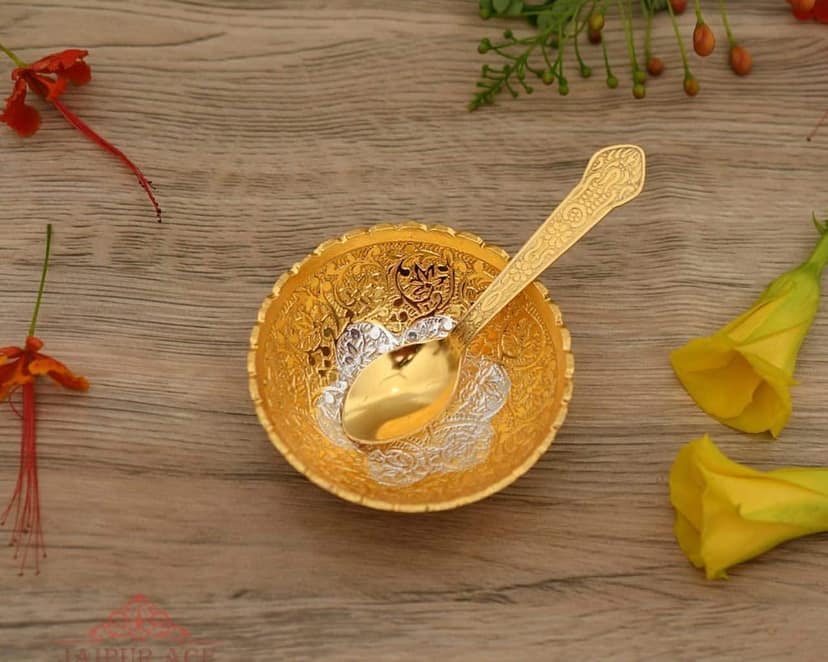 Patwari Arts Silver Plated Floral Shaped Decorative Metal Bowl Set with Spoon (Gold & Silver) Christmas Gift,Diwali Gift for DinningTable Decoration. view 2