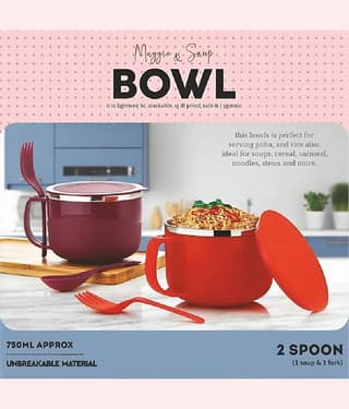 Plastic Inner Steel Insulated Multipurpose Bowl Maggi,Soup, Pasta Bowl with Lid & Spoon Set of 2 Bowl (Multicolor)