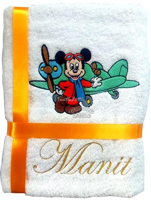 TurtleLittle, Cotton, Mickey with Aero Plane Personalised Kids Bath Towel, 500 GSM (Set of 1, White)