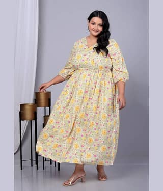 SUKTI Women Rayon Printed Fit & Flare Dress ( Yellow )