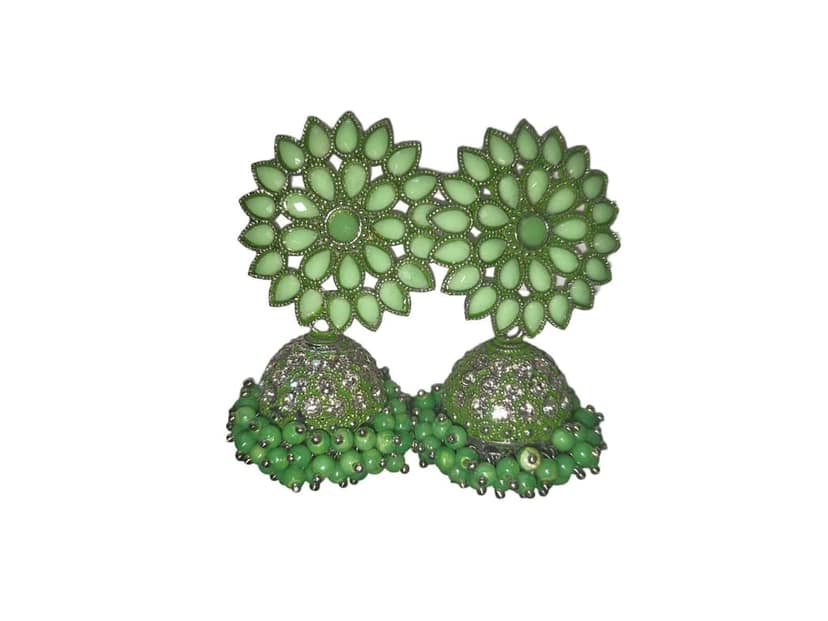 Green Jhumka Earrings with Kundan Stones and Pearl Beads view 4