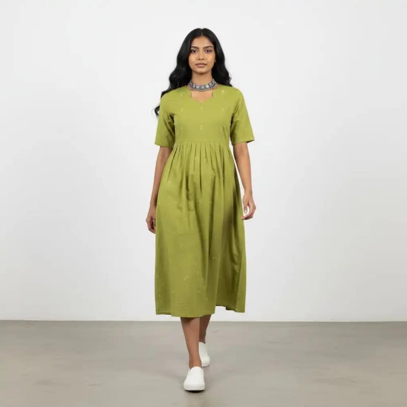 Parrot Green Mangalagiri South Cotton Kurti with Gold Buttas