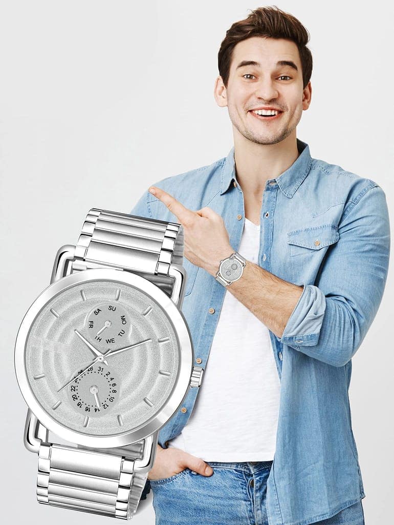 Silver 3D Embossed Stainless Steel Analog Watch for Men LR124 view 6