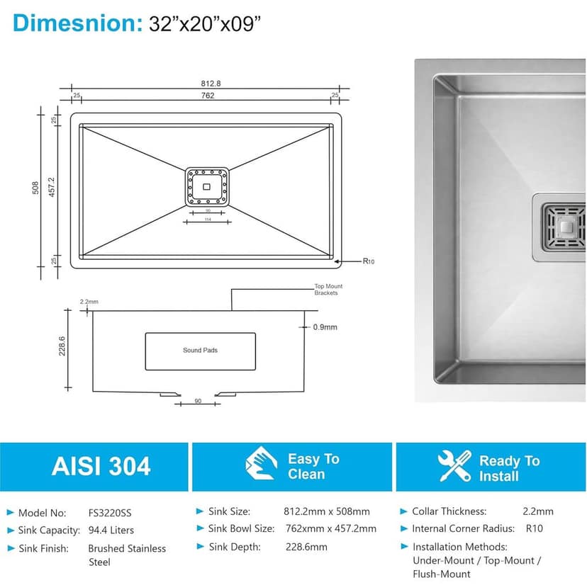 Aqua 304 Handmade (32 x 20 x 09 ) Inch SS Single bowl Bowl Square Coupling Silver Kitchen Sink view 2