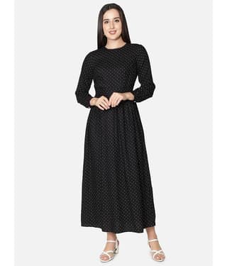 NUEVOSDAMAS Women Rayon Printed A-line Dress ( Black )