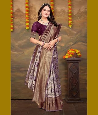 Om Shantam Sarees Kanjivaram Silk Woven Saree With Unstitched Blouse Piece ( Lavender )
