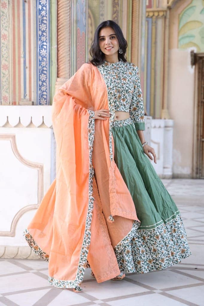 Cotton Lehanga Handblock Printed Winter Green Color and Top With Mulmul Dupatta (Size 34-46)-9463 view 3