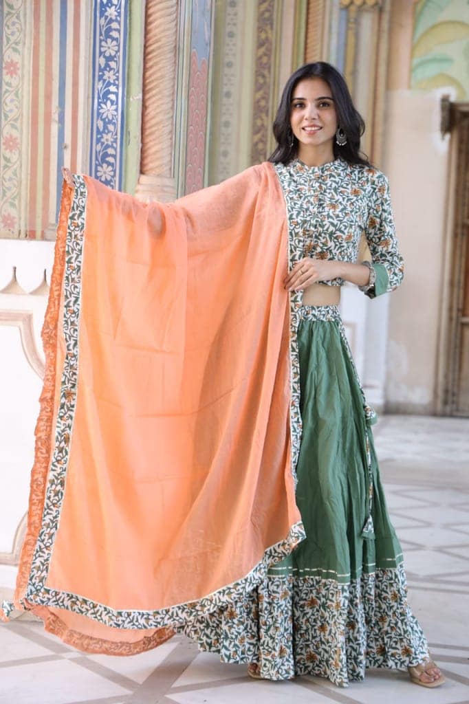 Cotton Lehanga Handblock Printed Winter Green Color and Top With Mulmul Dupatta (Size 34-46)-9463 view 4