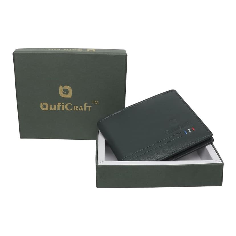 QufiCraft Genuine Leather Two Fold Wallet | Credit/Debit Card/Slim Minimalist | Office ID for Mens and Boys RFID Protection (8 Card Slots) (Dark Green) view 5