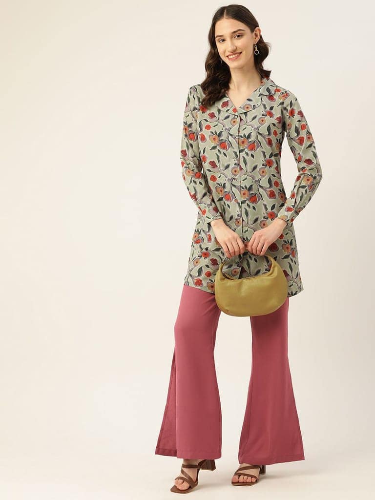 Floral Print Crepe Shirt Style Longline Top view 5