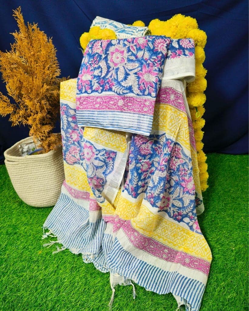 Linen Suit Set Royal Blue Color with Cotton Bottom, Linen Top and Dupatta Handblock Printed-9013 view 2
