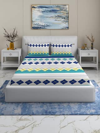 Quirky Home Rome Collection Premium Cotton Blend 180 TC Fitted Double Wrinklefree Bedsheet with 2 Pillow Covers, Blue Diamond
