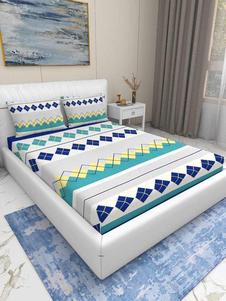 Quirky Home Rome Collection Premium Cotton Blend 180 TC Fitted Double Wrinklefree Bedsheet with 2 Pillow Covers, Blue Diamond view 2