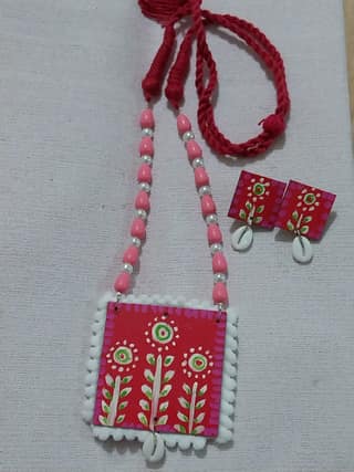 Handmade Handpainted Necklace with Glass Beads Mala On Wooden Base