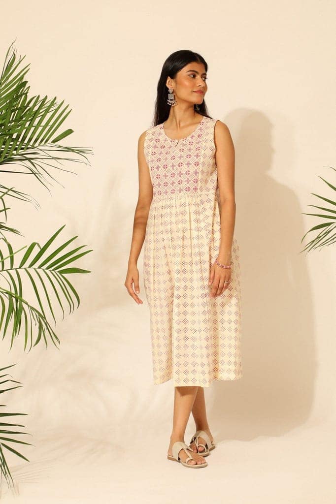 Tiera White And Pink Blockprinted Sleeveless Dress view 3
