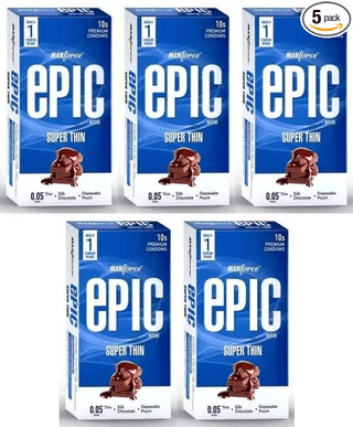 Manforce Epic Desire Super Thin Premium Condoms for Men Silk Chocolate Flavour Disposable Pouch (10 Counts) x pack of 5