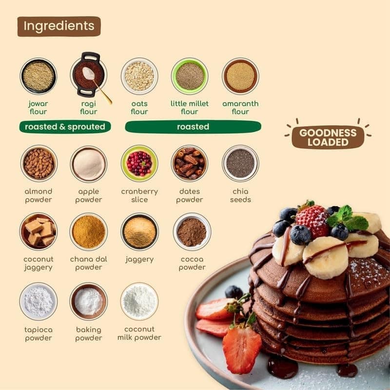Ollefud Choco Millet Pancake & Waffle Mix | Coconut Jaggery, Fruits, Nut & Seed | No Maida, No Refined Sugar | Protein & Fiber Rich | Iron Source | 150g view 4