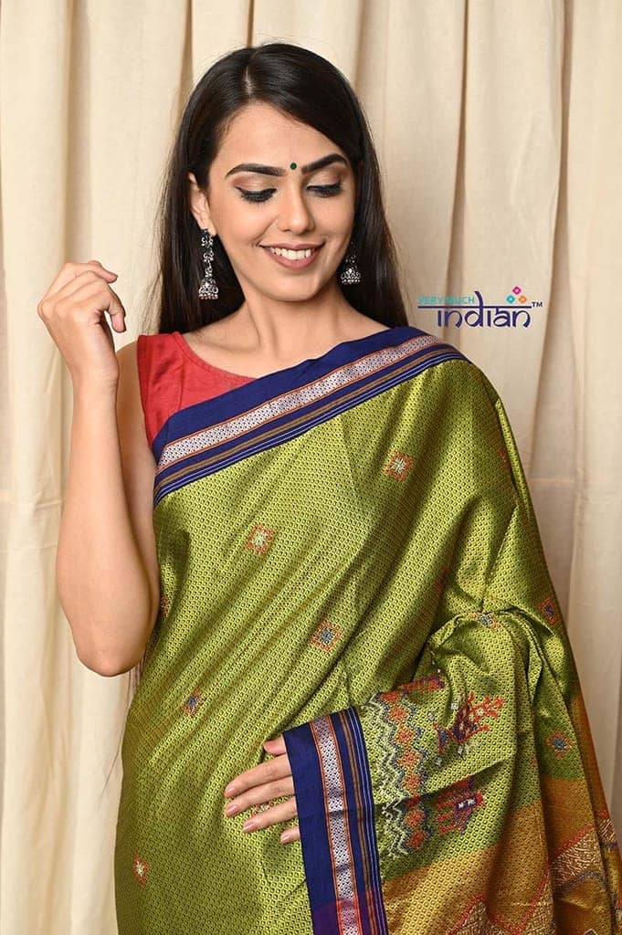 Traditional Khun Saree - Cotton Resham Authentic Handwoven, Leaf Green with Yellow Pallu with Kashida Work - Navy Blue Border