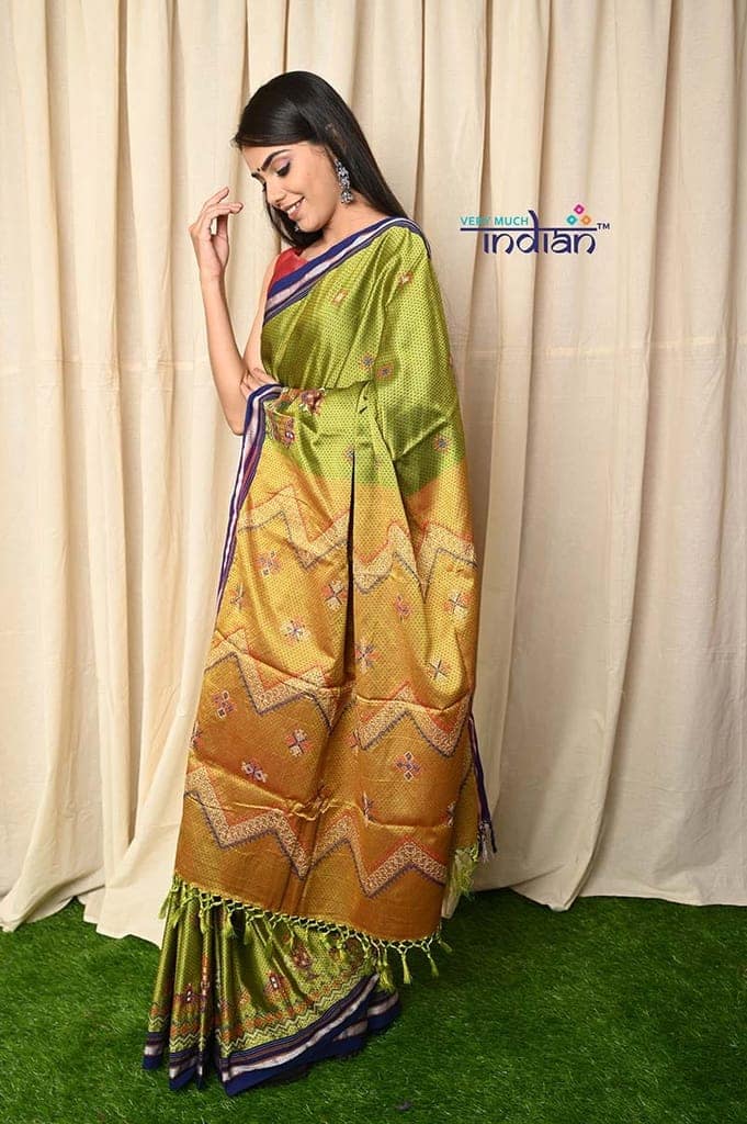 Traditional Khun Saree - Cotton Resham Authentic Handwoven, Leaf Green with Yellow Pallu with Kashida Work - Navy Blue Border view 2