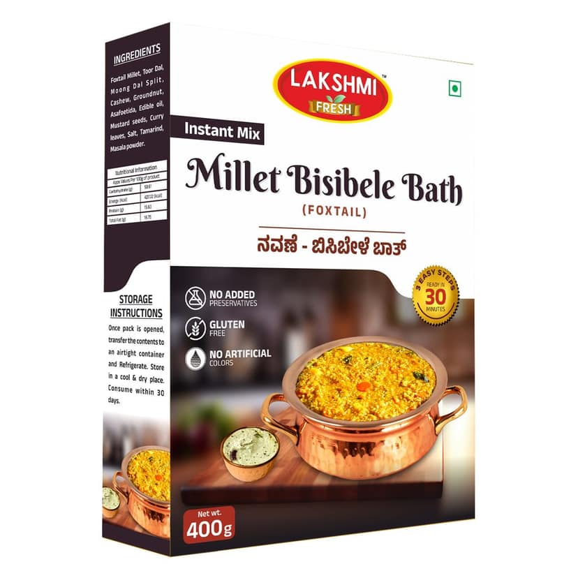 Lakshmi Fresh Foxtail Millet Bisibele Bath – 400g | Instant, Ready-to-Cook & Gluten-Free | Healthy Millet Meal (pack of 4) (pack of 2)