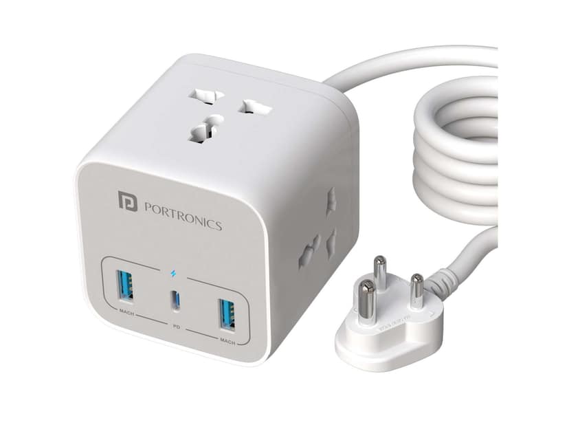 Portronics Volt 20 1 x 20W Type C PD Port, 2 x 18W USB- A Port, 3 x 2500W AC Socket, 3M Copper Cable Length