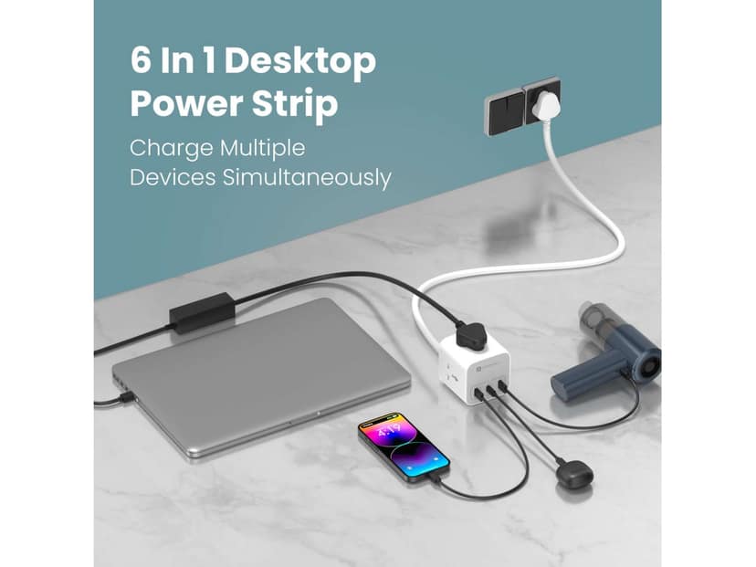 Portronics Volt 20 1 x 20W Type C PD Port, 2 x 18W USB- A Port, 3 x 2500W AC Socket, 3M Copper Cable Length view 4