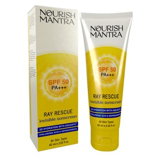 Nourish Mantra Ray Rescue Sunscreen/ Sunscreen SPF 50/ Formulated With Hyaluronic Acid Aquaxyl Aloe Vera Extracts & Ashwagandha Extracts/ No White Cast/ For Both Men & Women - (60ml)