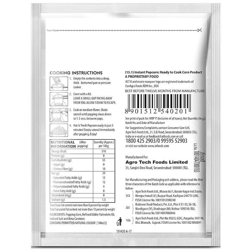 Act II Instant Popcorn - Golden Sizzle Flavour, Snacks, 30 G Pouch view 2