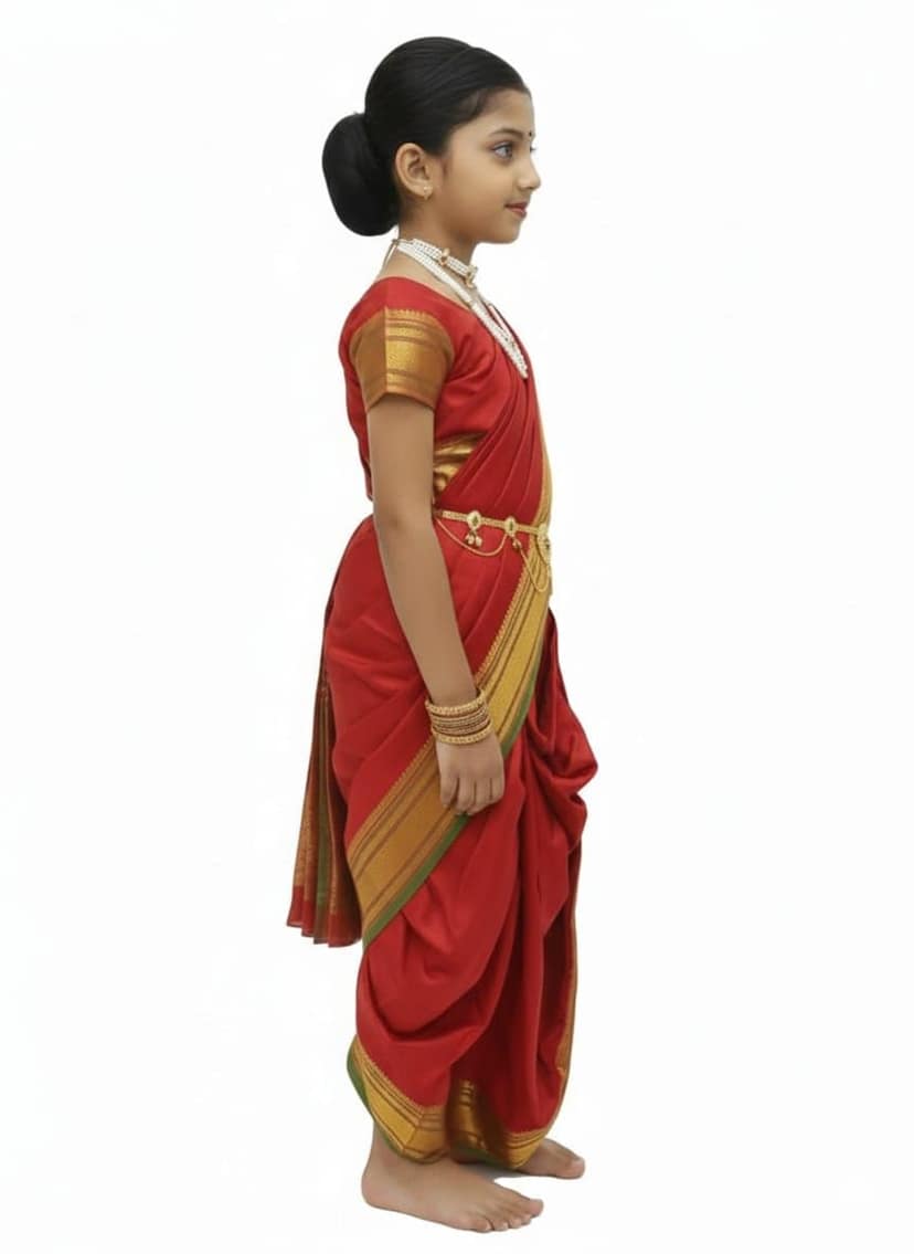 Mom and Me Peshwai Nauwari Saree for Kids (1–10 Years) Ready to Wear Maharashtrian Traditional Dress | Belgaon Silk with Cotton Lining | Stitched Blouse Included (Red, 1-2 Years) view 2