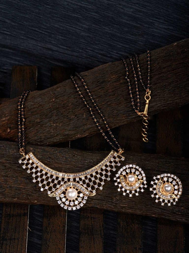 Gold Plated Black & White AD Studded & Beaded Mangalsutra Earrings view 2
