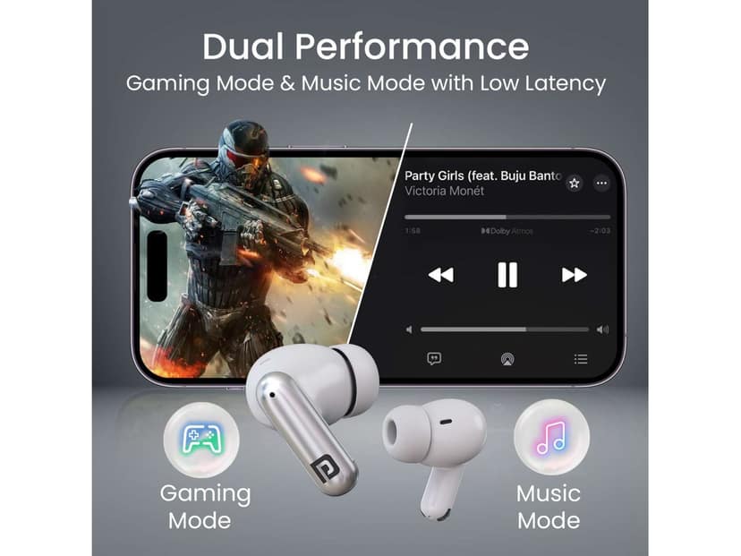 Portronics Twins One Plus Upto 30 Hour Playtime, Game & Music Mode, Bluetooth Version 6, Type C Fast Charging - White view 3
