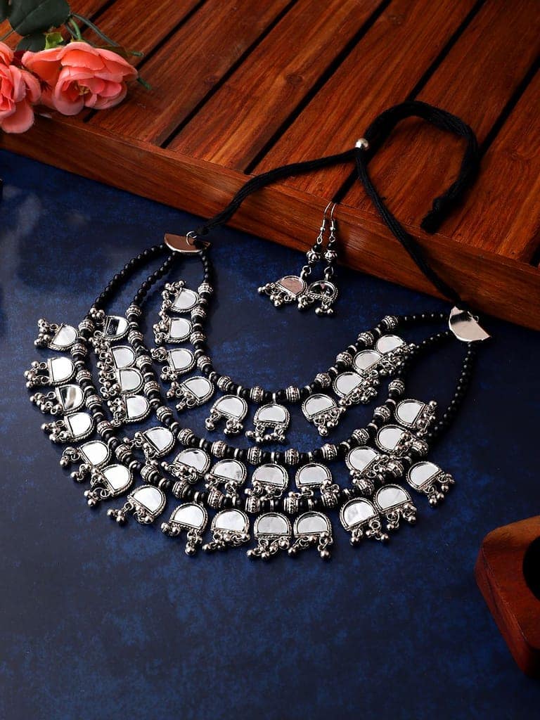 Cardinal Oxidized Black Beads Mirror Silver Color Choker Necklace Set view 2