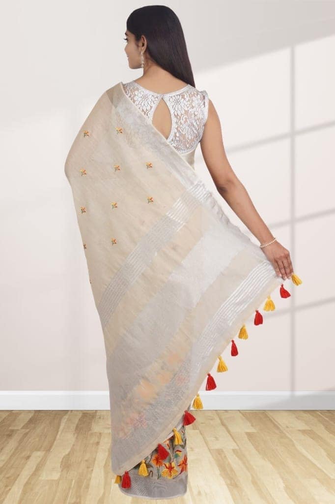 Cream Linen Saree With Modish Work view 2