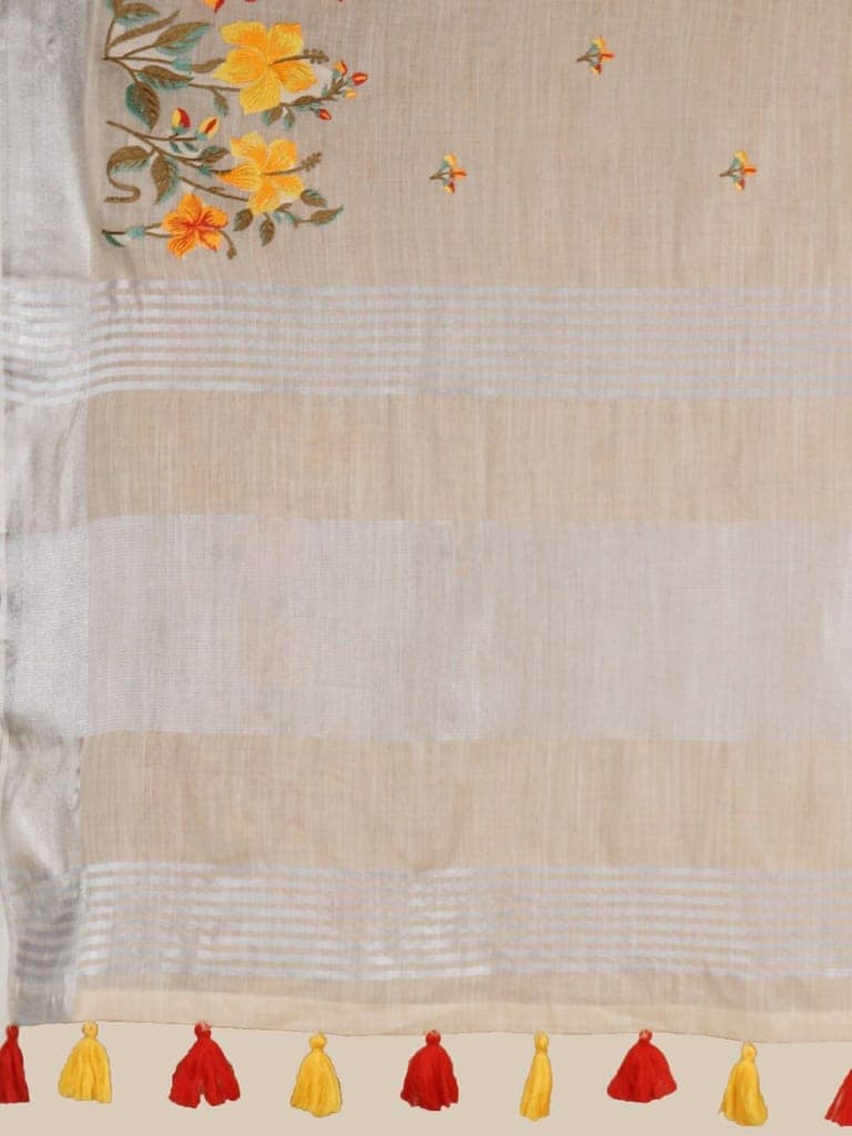 Cream Linen Saree With Modish Work view 3
