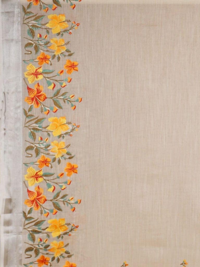 Cream Linen Saree With Modish Work view 4