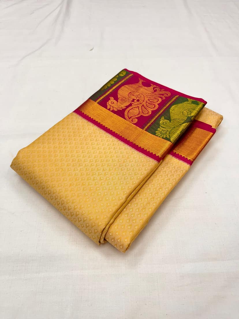 Cream Color Plain Kanjivaram Pure Silk Saree view 2