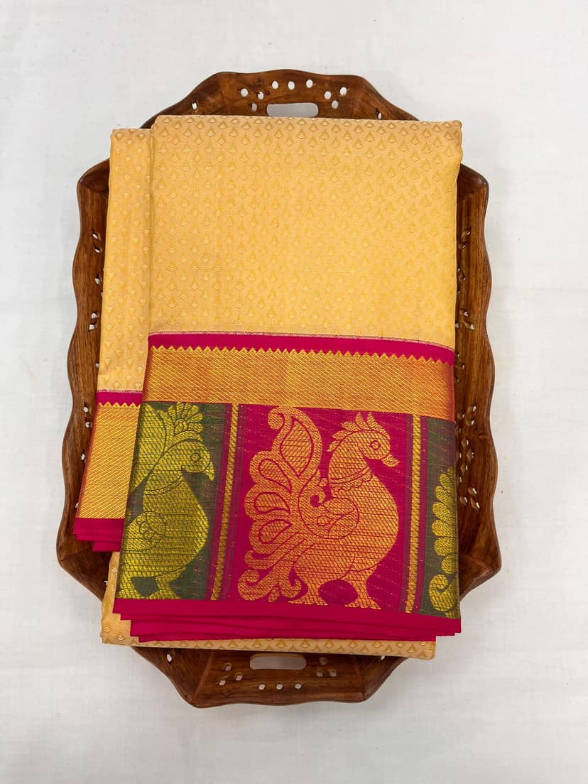 Cream Color Plain Kanjivaram Pure Silk Saree view 3