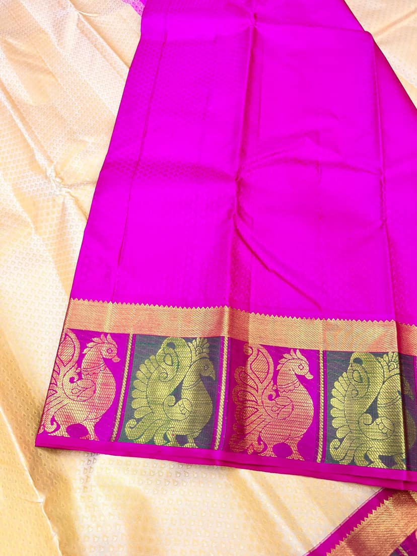 Cream Color Plain Kanjivaram Pure Silk Saree view 4