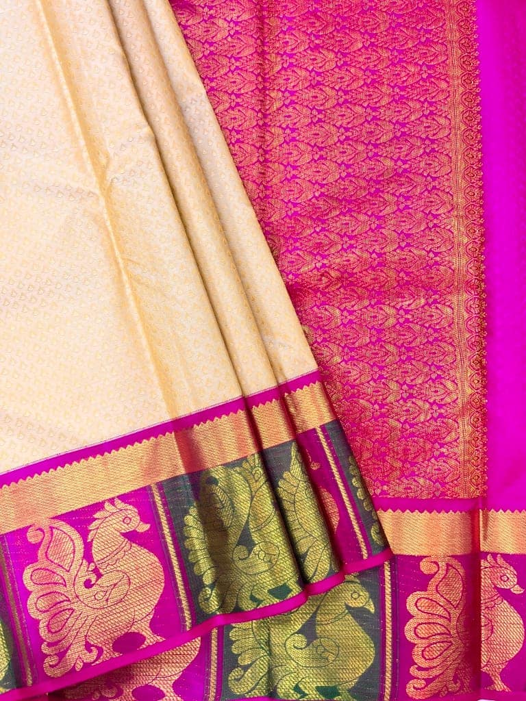 Cream Color Plain Kanjivaram Pure Silk Saree view 5