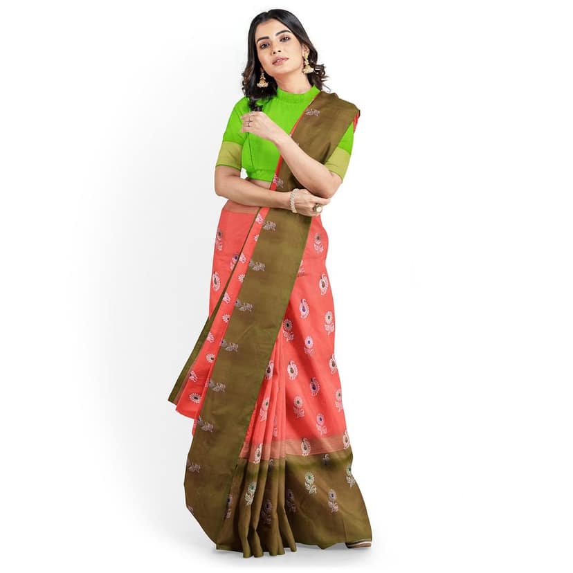 Salmon Color Long Border Mango & Floral Butta Kanjivaram Pure Silk Saree view 2