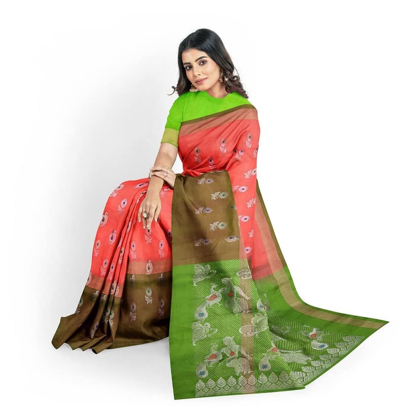 Salmon Color Long Border Mango & Floral Butta Kanjivaram Pure Silk Saree view 3