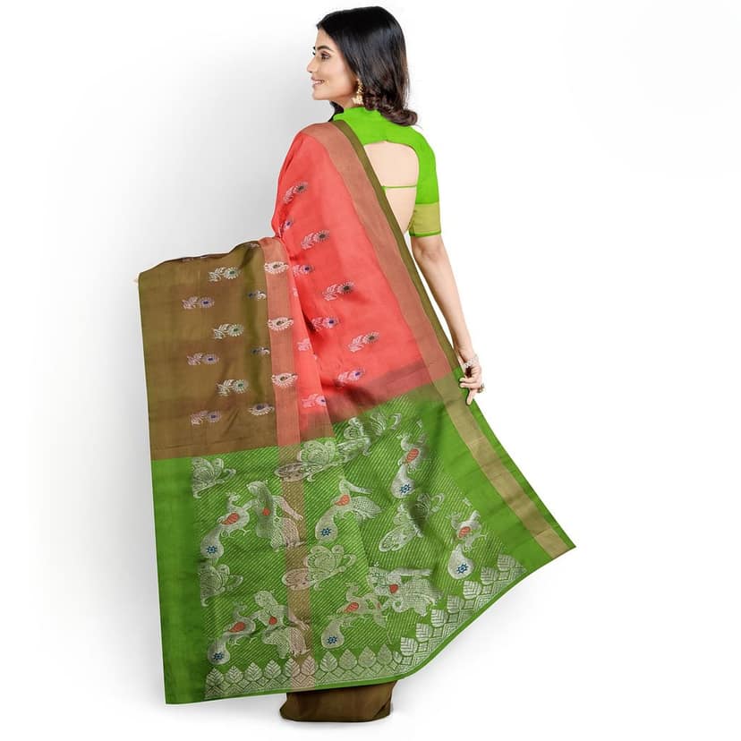 Salmon Color Long Border Mango & Floral Butta Kanjivaram Pure Silk Saree view 4