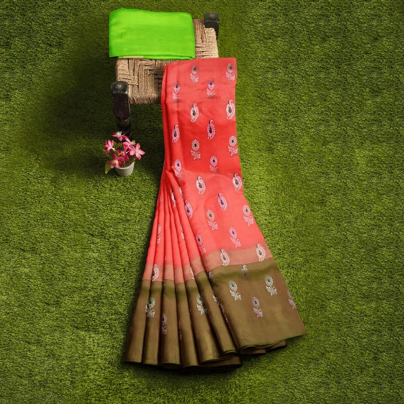 Salmon Color Long Border Mango & Floral Butta Kanjivaram Pure Silk Saree view 5