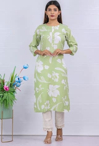 Women's Light Green Floral Print Cotton Kurta Pant Set