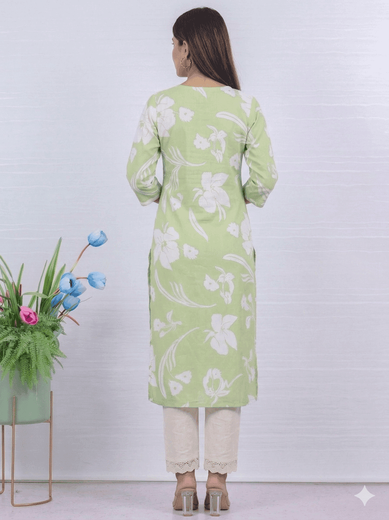Women's Light Green Floral Print Cotton Kurta Pant Set view 2