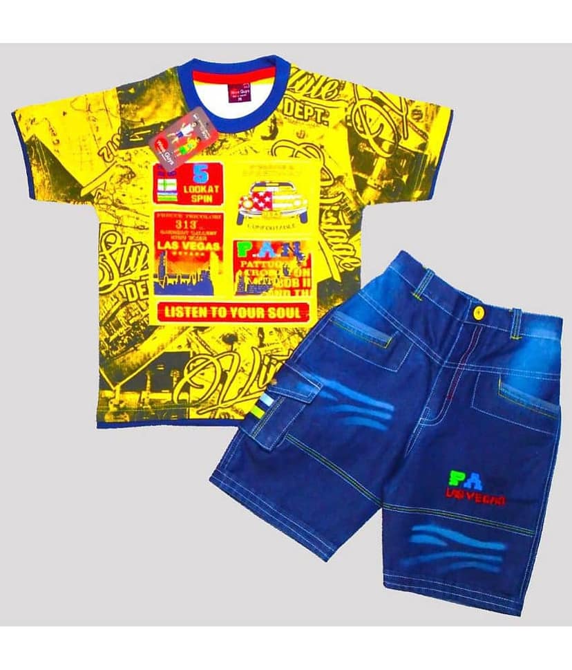 Wise Guys Pack of 1 Boys Cotton T-Shirt & Shorts Set ( Yellow )