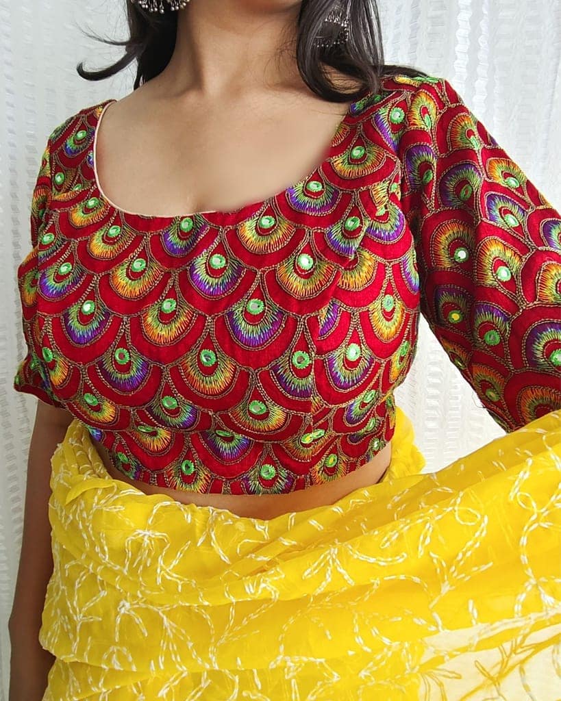 Bangalori Silk Stitched Blouse Red Color Heavy Embroidery with Mirror work-9464 view 2