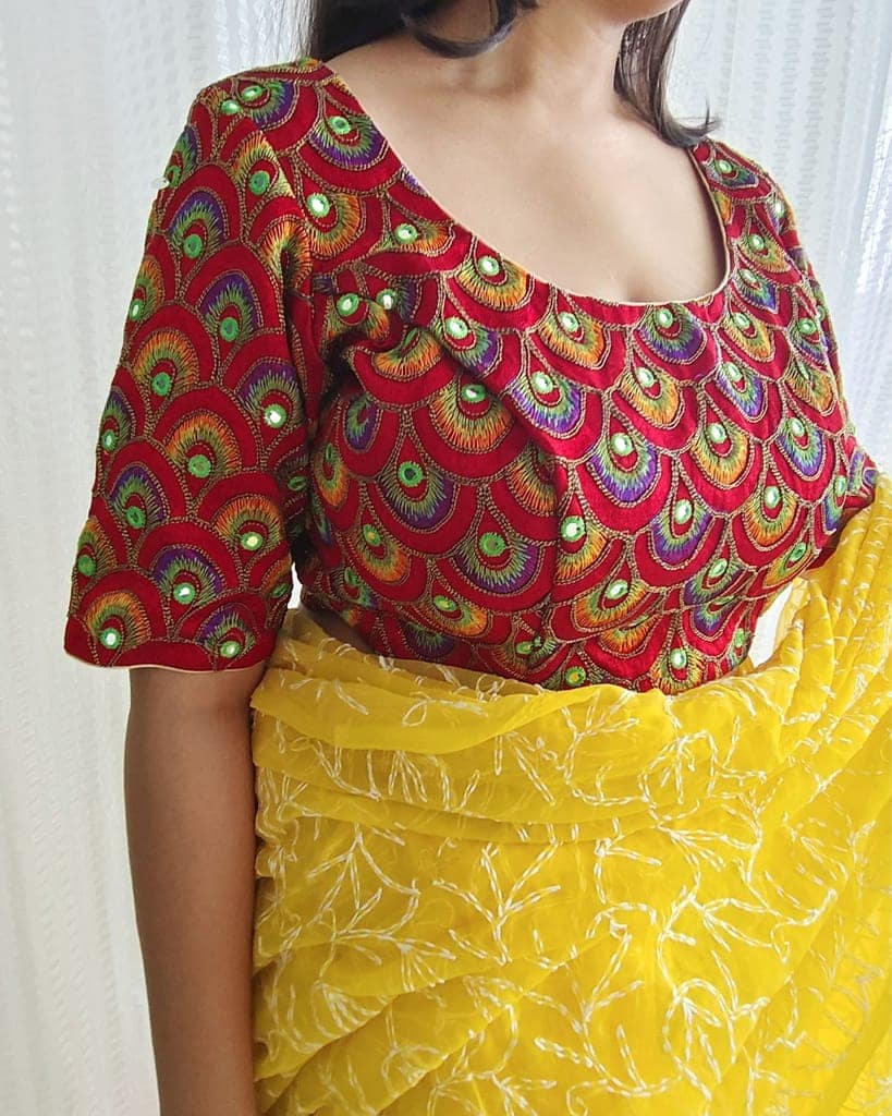 Bangalori Silk Stitched Blouse Red Color Heavy Embroidery with Mirror work-9464 view 3